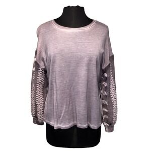 NEW Dantelle‎ Loop Terry Side Slit Sweatshirt Sz M Purple Sheer Mesh Long Sleeve